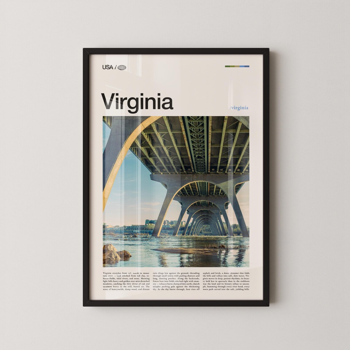 Virginia Travel Poster River Bridge Editorial Photo with Title Text