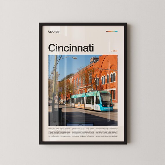 Cincinnati Ohio Colorful Streetcar Past Orange Brick Building Poster
