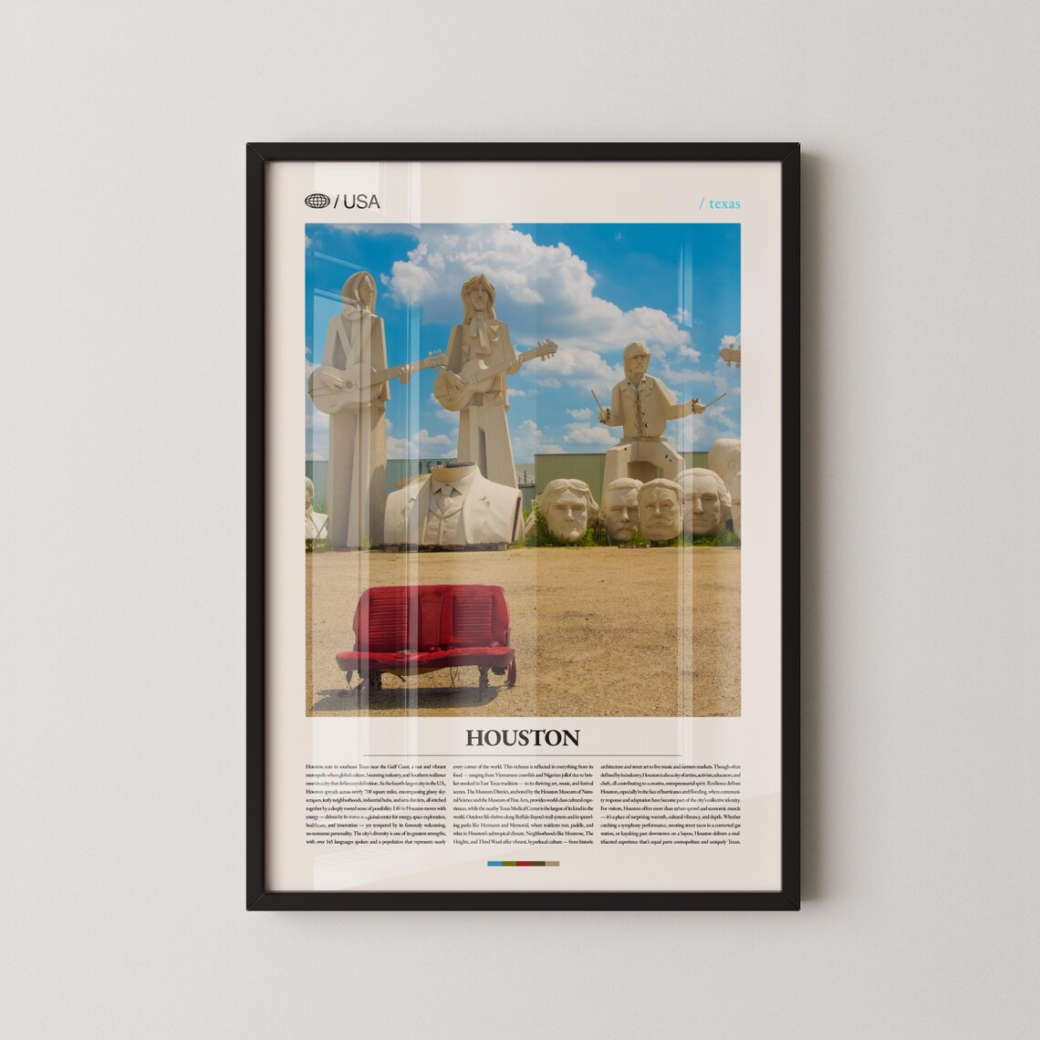 Houston Texas Giant Musician Statues Red Bench Travel Poster