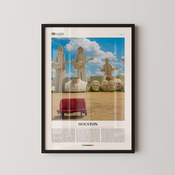 Houston Texas Giant Musician Statues Red Bench Travel Poster