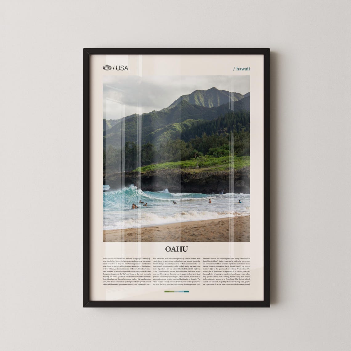 Oahu Hawaii Beach Surfers Green Mountains Tropical Travel Poster