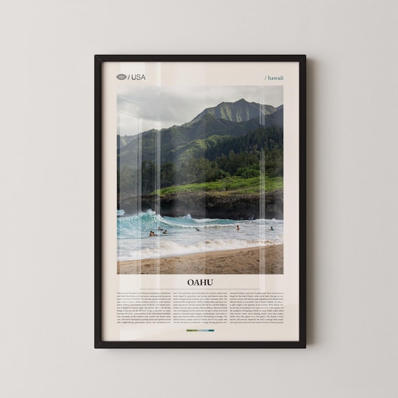 Oahu Hawaii Beach Surfers Green Mountains Tropical Travel Poster