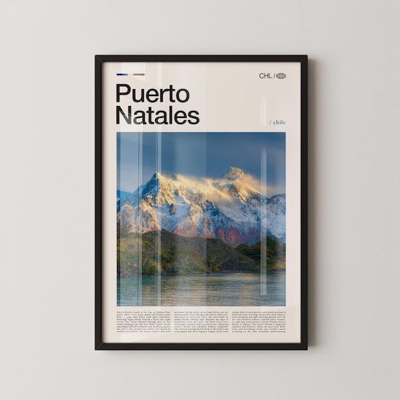 Puerto Natales Chile Patagonia Poster of Snow Capped Peaks over Lake