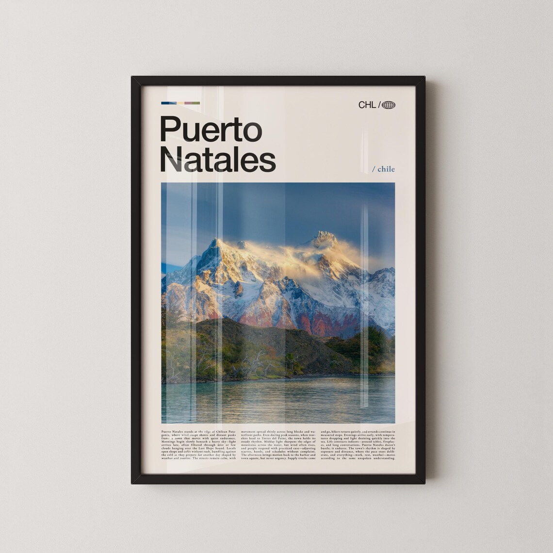 Puerto Natales Chile Patagonia Poster of Snow Capped Peaks over Lake