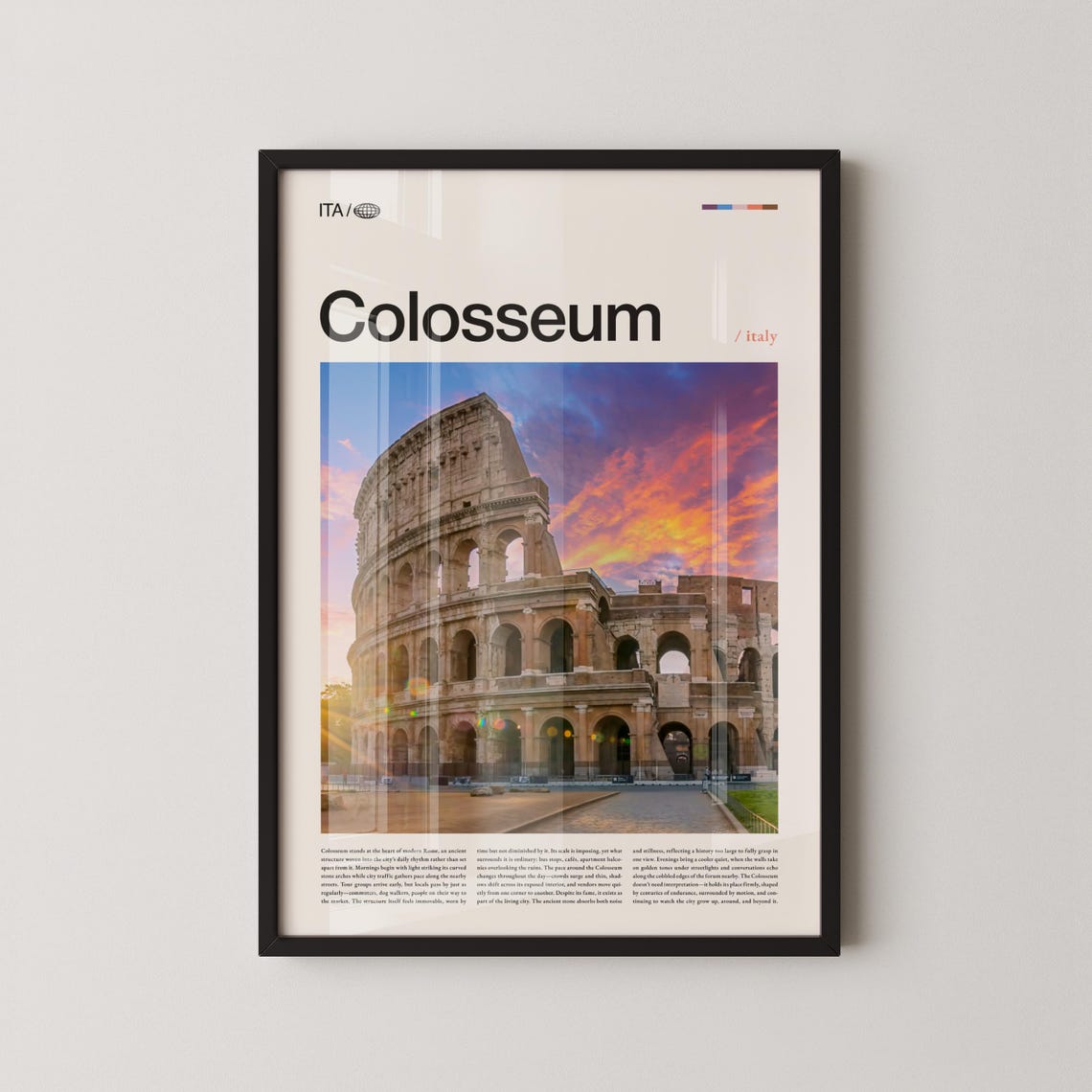 Colosseum Rome Sunset Sky Modern Travel Photography Italy Art Poster
