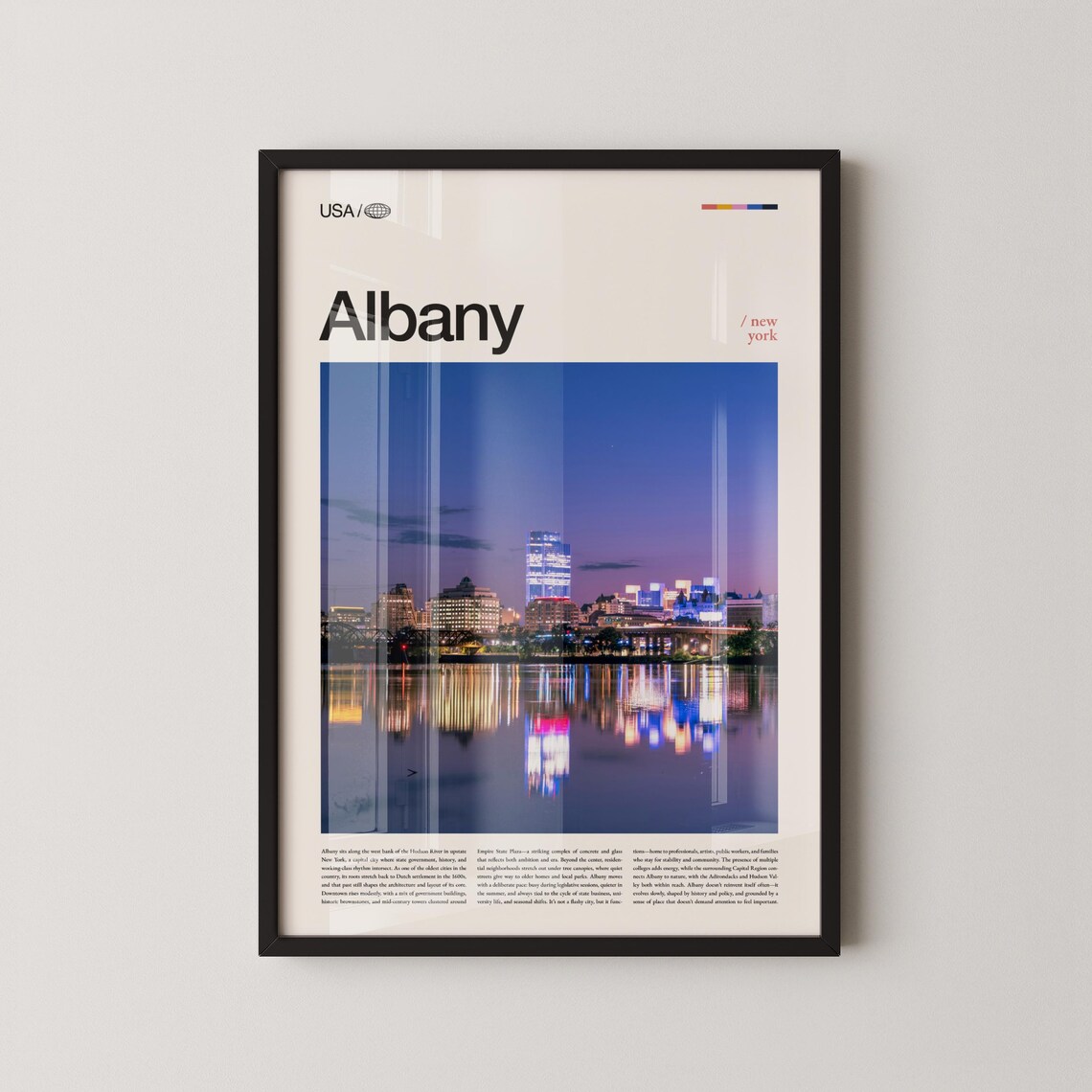 Albany New York Skyline Night Photo Bold Serif Title Travel Poster