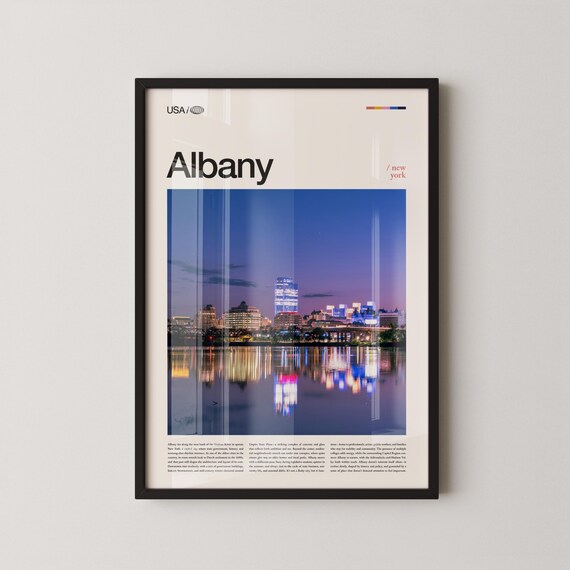 Albany New York Skyline Night Photo Bold Serif Title Travel Poster