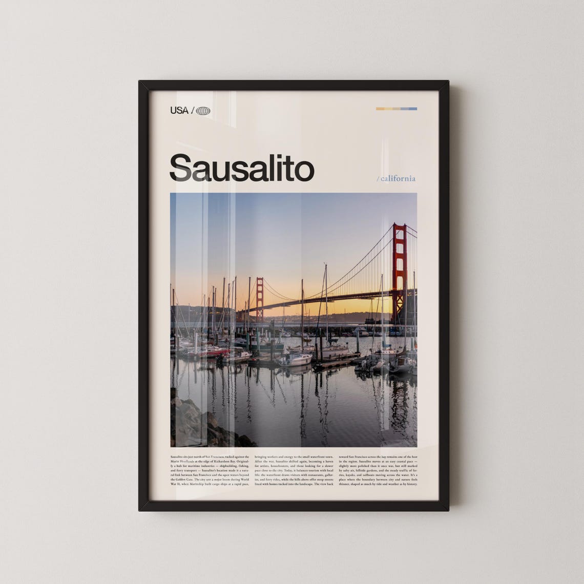 Sausalito California Golden Gate Bridge Marina Sunset Photo Poster