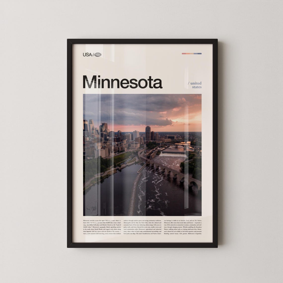 Minnesota Minneapolis Skyline Stone Arch Bridge Sunset Travel Poster