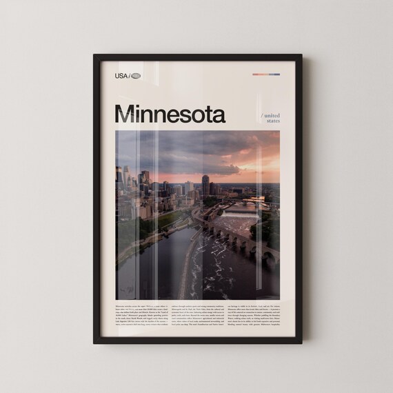 Minnesota Minneapolis Skyline Stone Arch Bridge Sunset Travel Poster