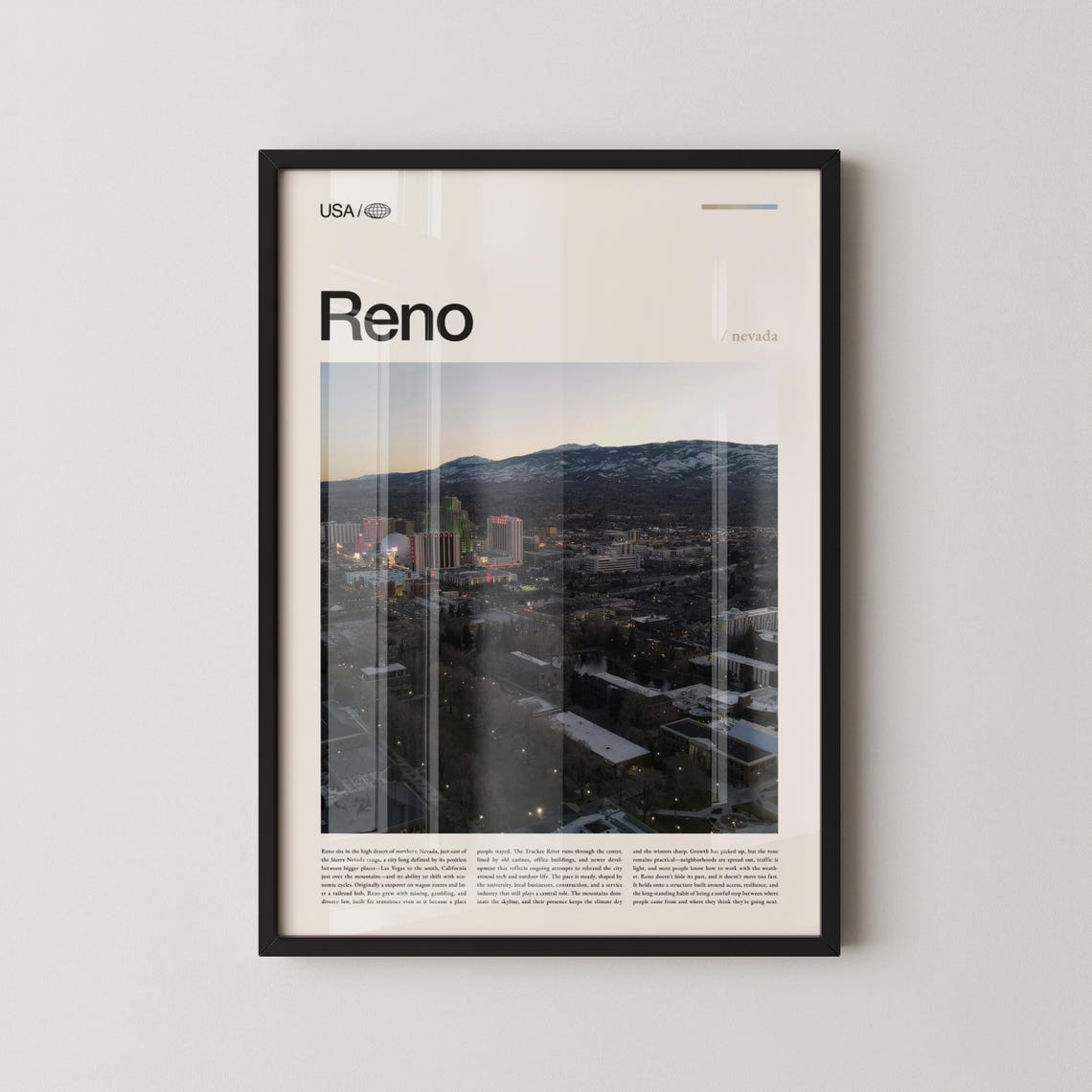 Reno Nevada High Desert City Night Skyline Dusk Travel Poster