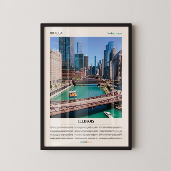 Illinois Chicago River Bridges Skyline Vintage Travel Poster