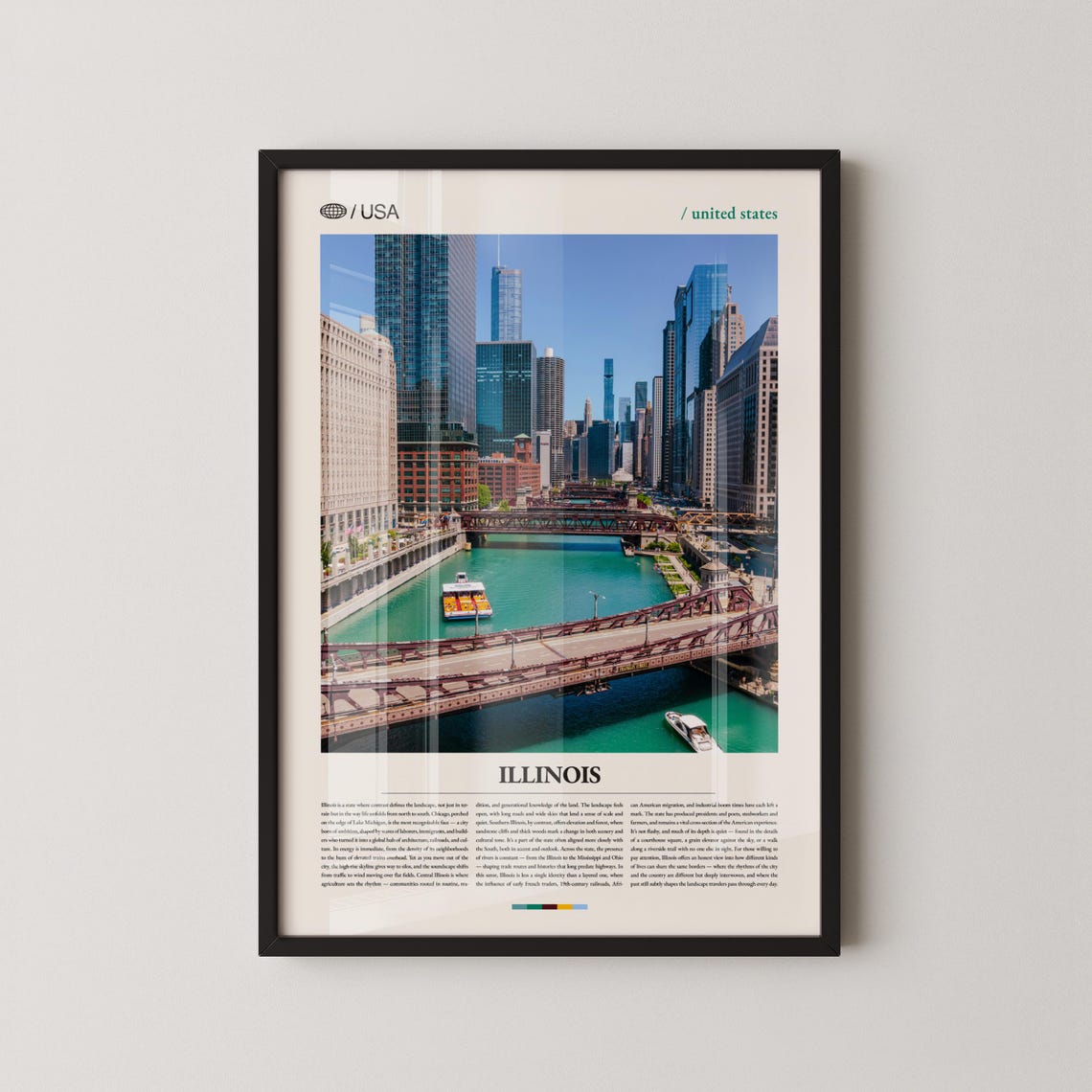 Illinois Chicago River Bridges Skyline Vintage Travel Poster