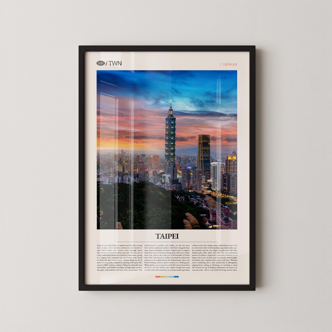 Taipei 101 Evening City Skyline Over Fiery Orange Sunset Poster