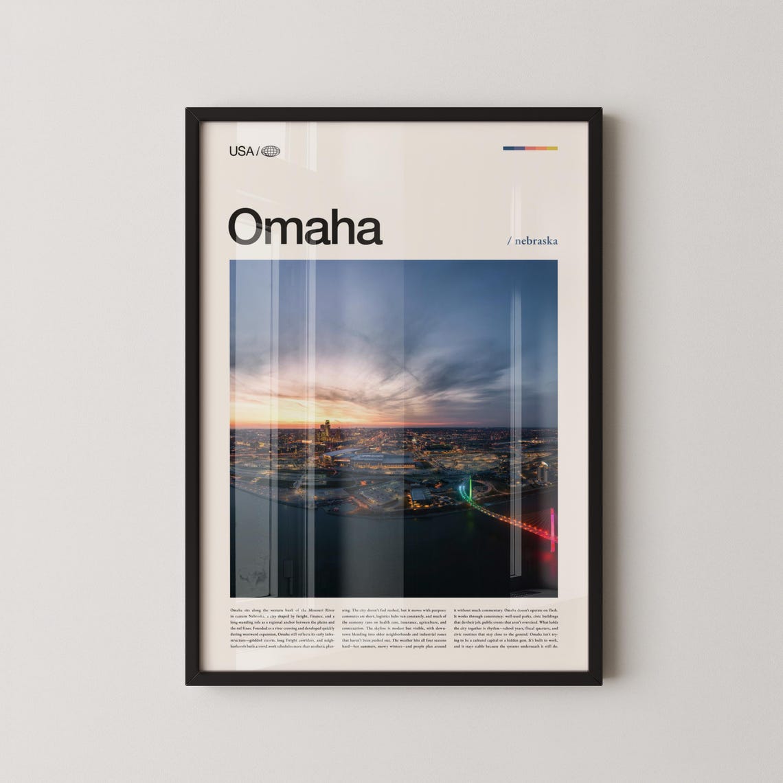 Omaha Nebraska Skyline Sunset Bridge Minimalist Travel Poster