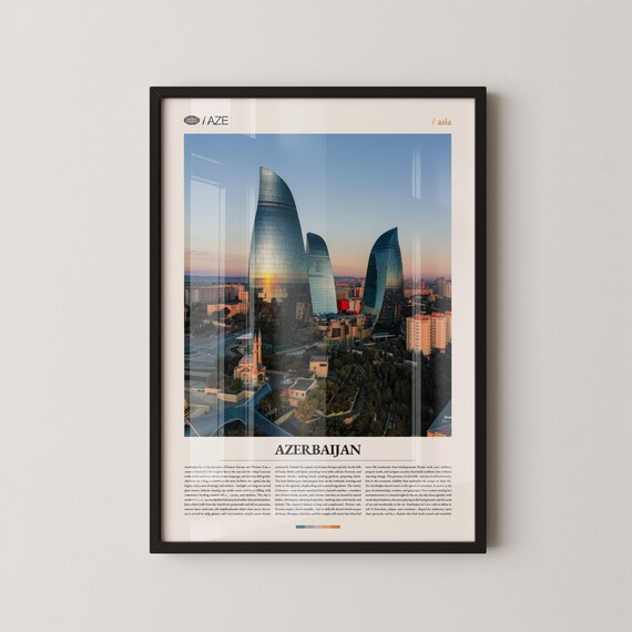 Azerbaijan Baku Flame Towers Dusk Skyline Travel Poster Artwork