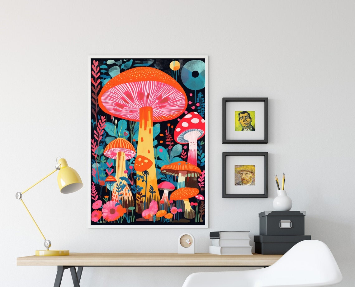 Psychedelic Neon Mushroom Forest Trippy Fungi Illustration Poster - Image 4