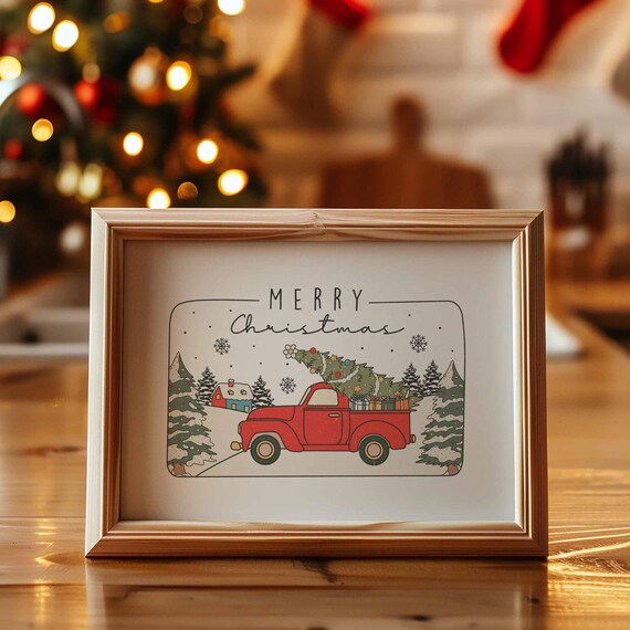 Merry Christmas Red Vintage Truck Tree Snowy Holiday Art Poster
