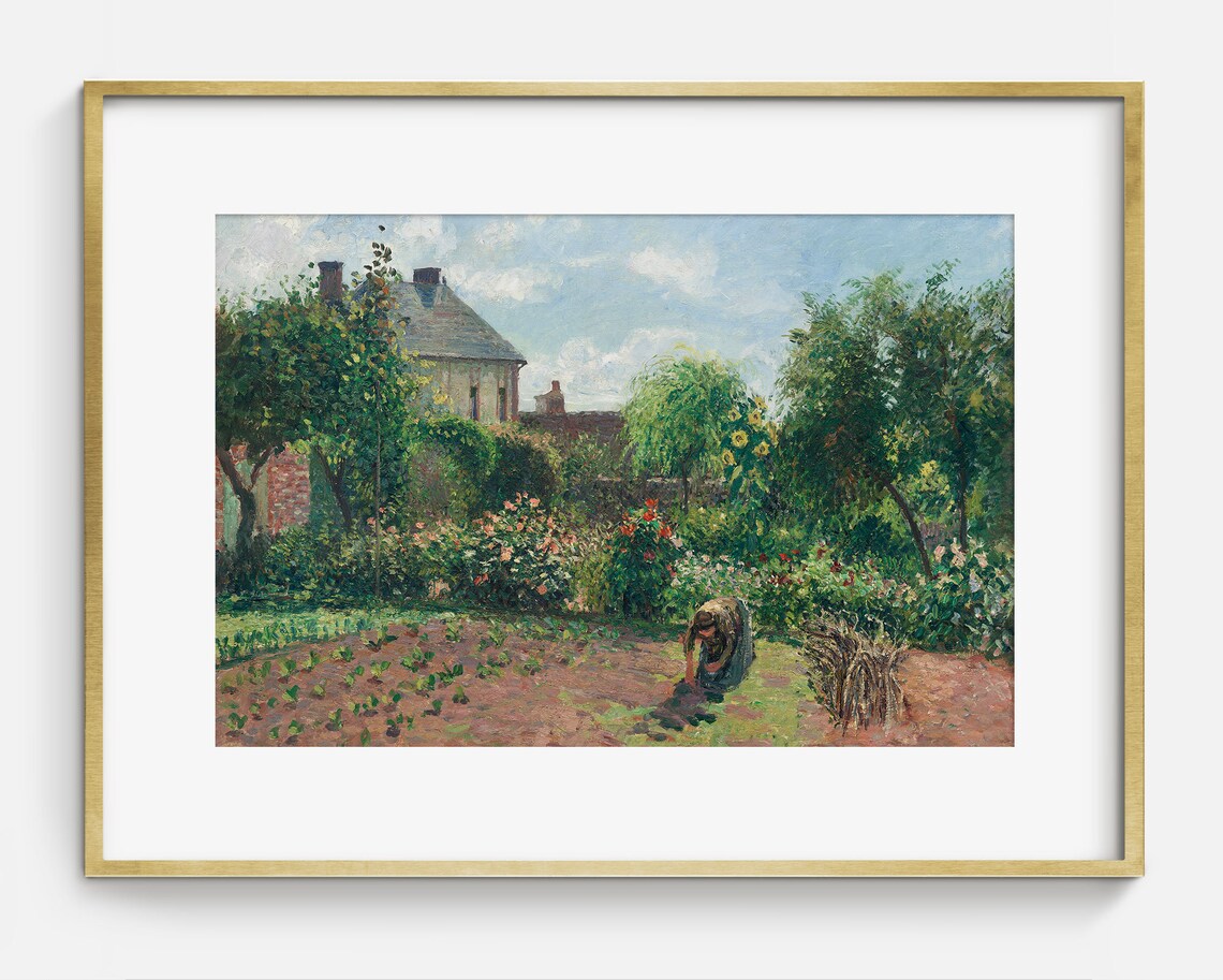 Woman Tending Garden Behind House Vintage Spring Painting Poster - Image 2