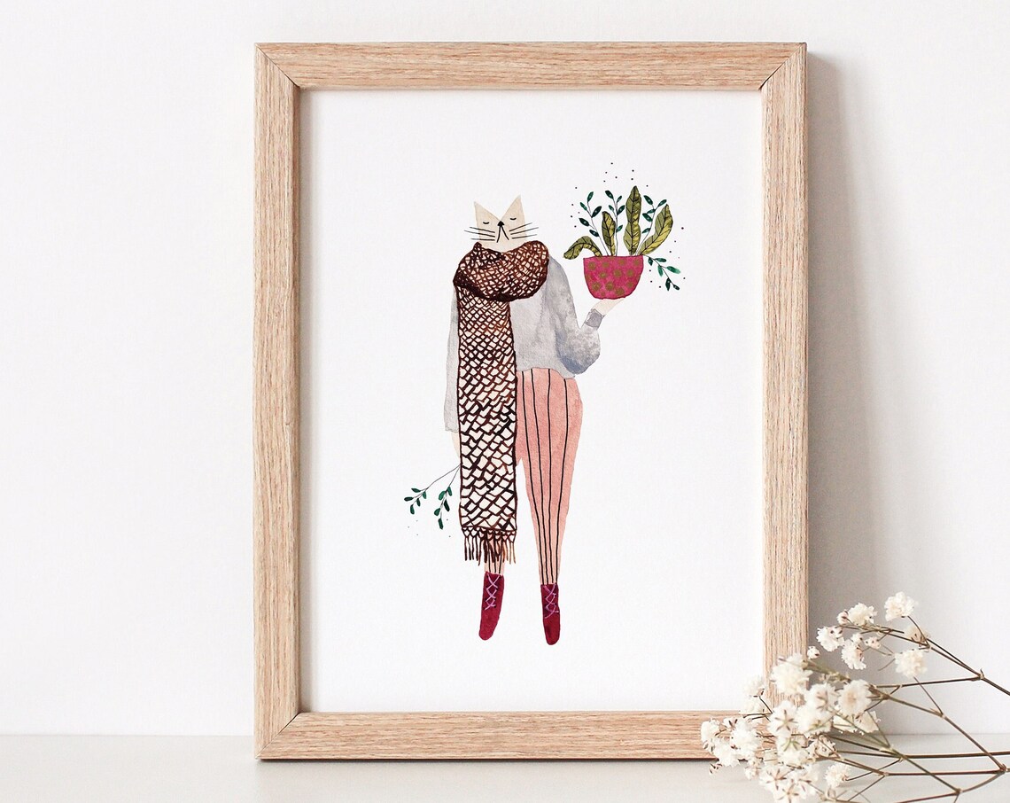 Cat Lady With Houseplant Watercolor Whimsical Home Decor Poster