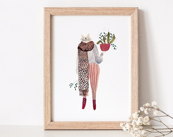 Cat Lady With Houseplant Watercolor Whimsical Home Decor Poster