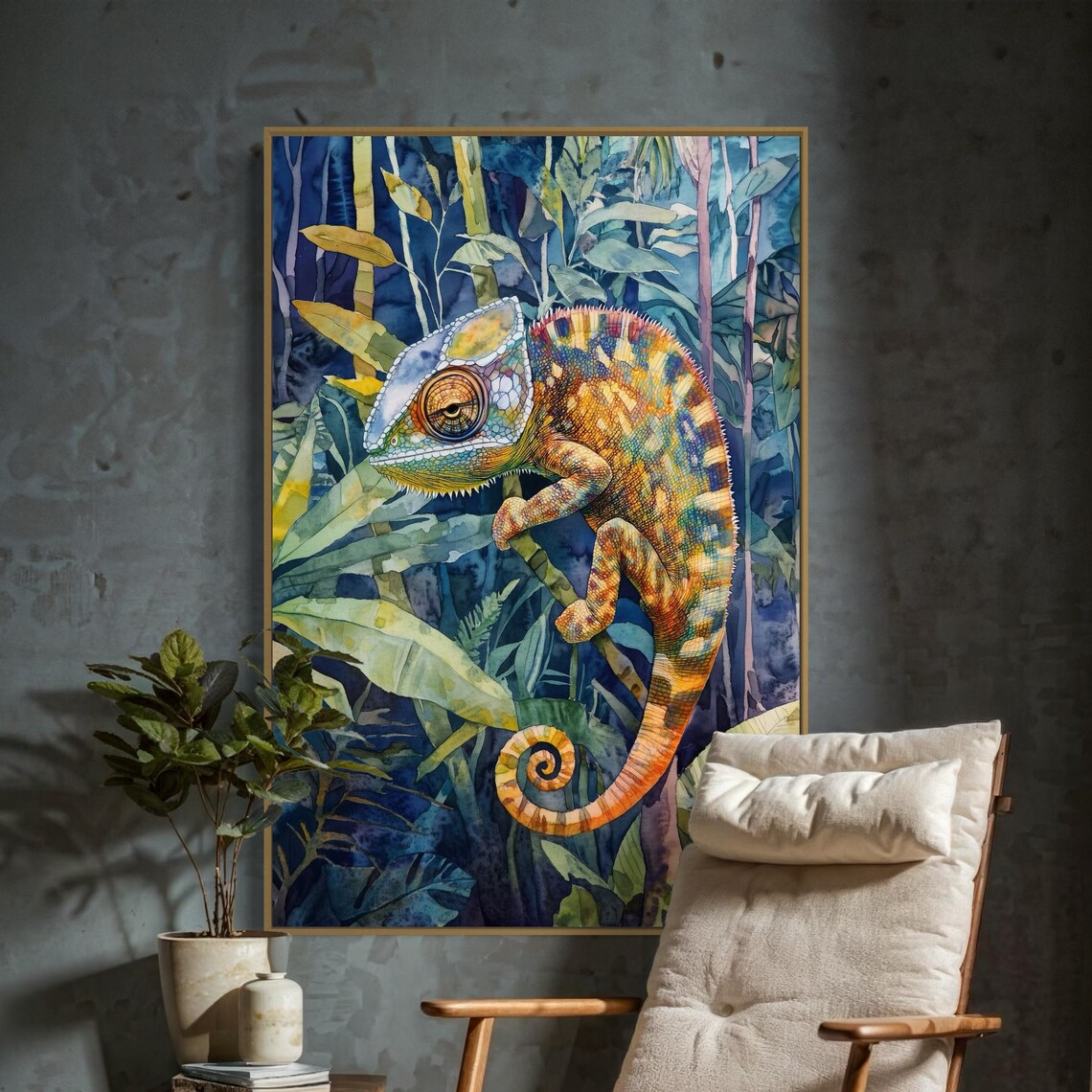 Chameleon Watercolor Style Art Print, Tropical Wildlife Decor