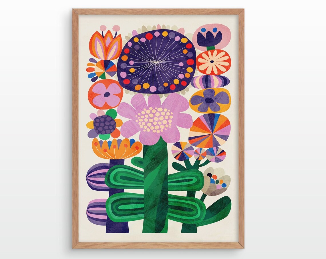 Summer Flowers Art Print, Folk-Motif Home Decor