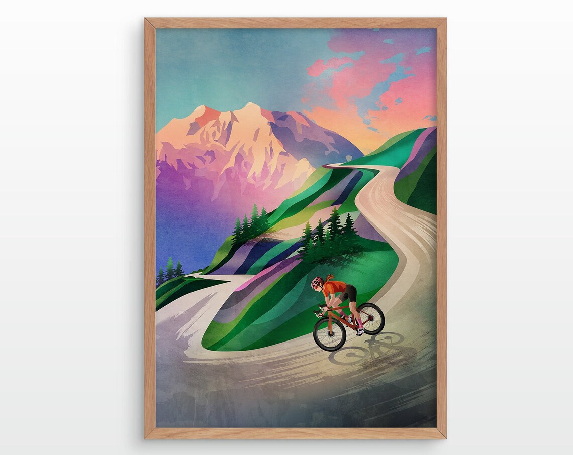 Woman Cyclist Descent at Sunset Art Print