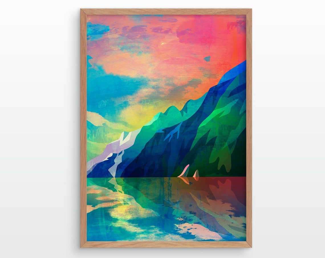 Sunset Lake Reflection with Colorful Mountains Landscape Poster