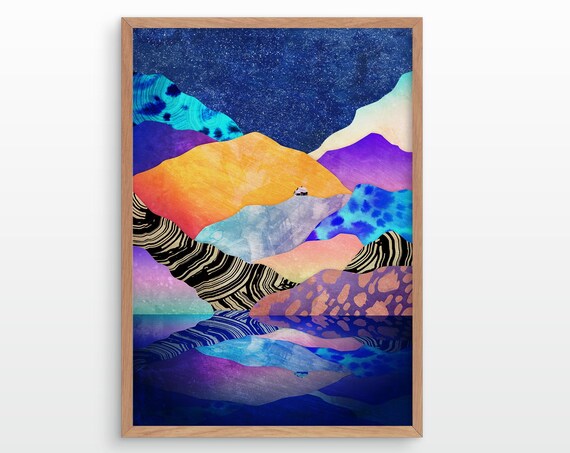 Patterned Mountain Lake Under Starry Night Sky Poster for Decor