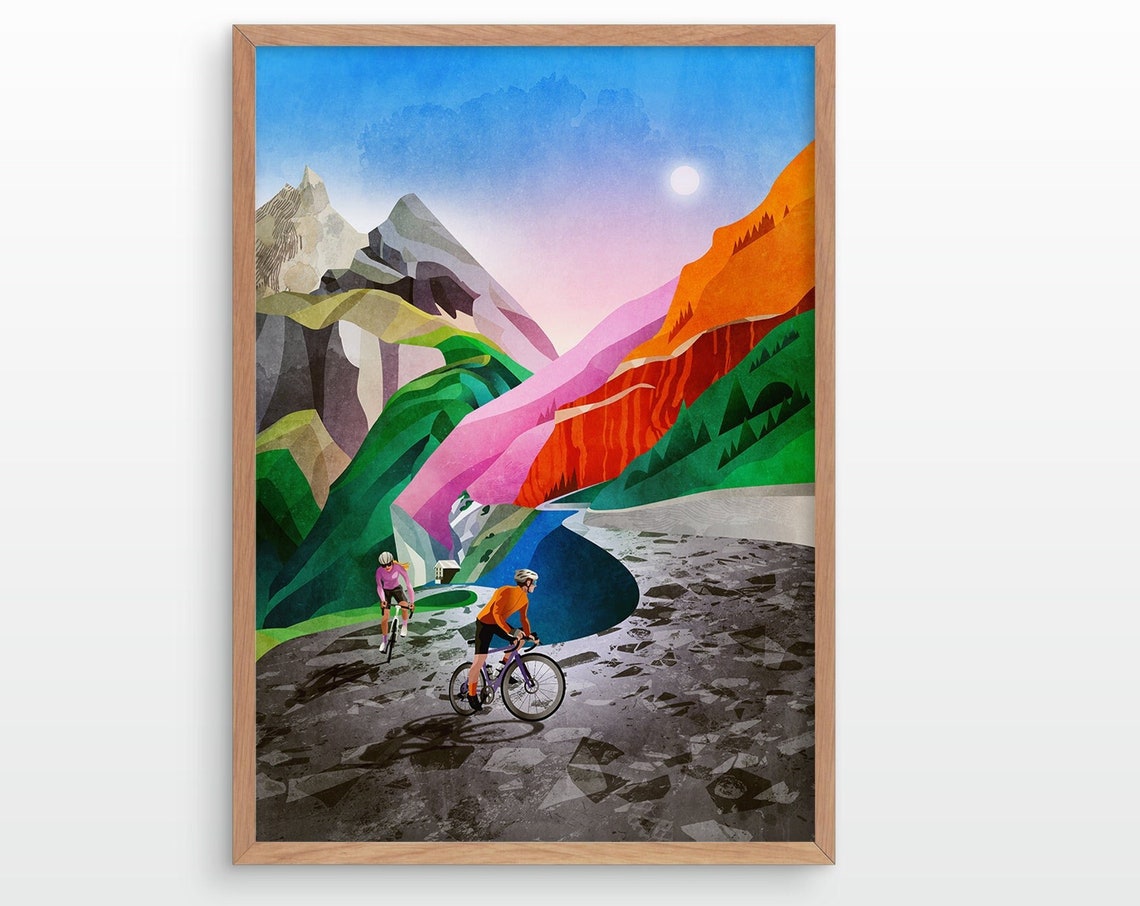Alpine Road Cyclists Climbing Mountain Switchbacks Poster for Riders