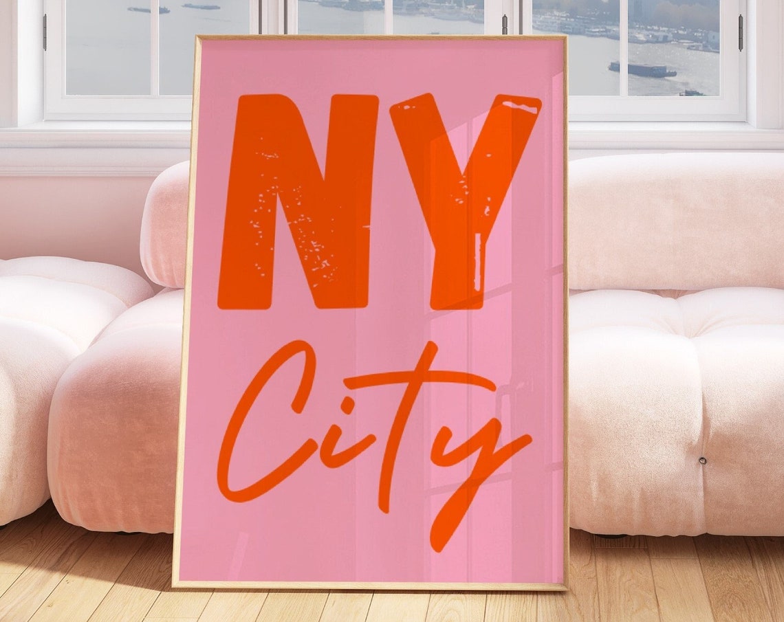 New York City Travel Print Pink Orange Poster Ny Travel Wall Art Typography Print Cityscape Travel Poster Nyc Poster