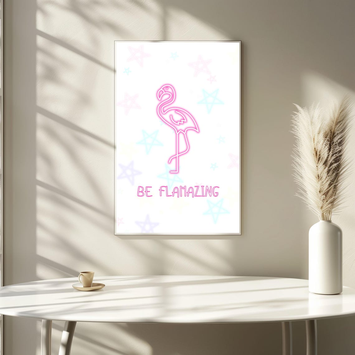 Neon Pink Flamingo Be Flamazing Quote Pastel Stars Wall Art Poster - Image 2