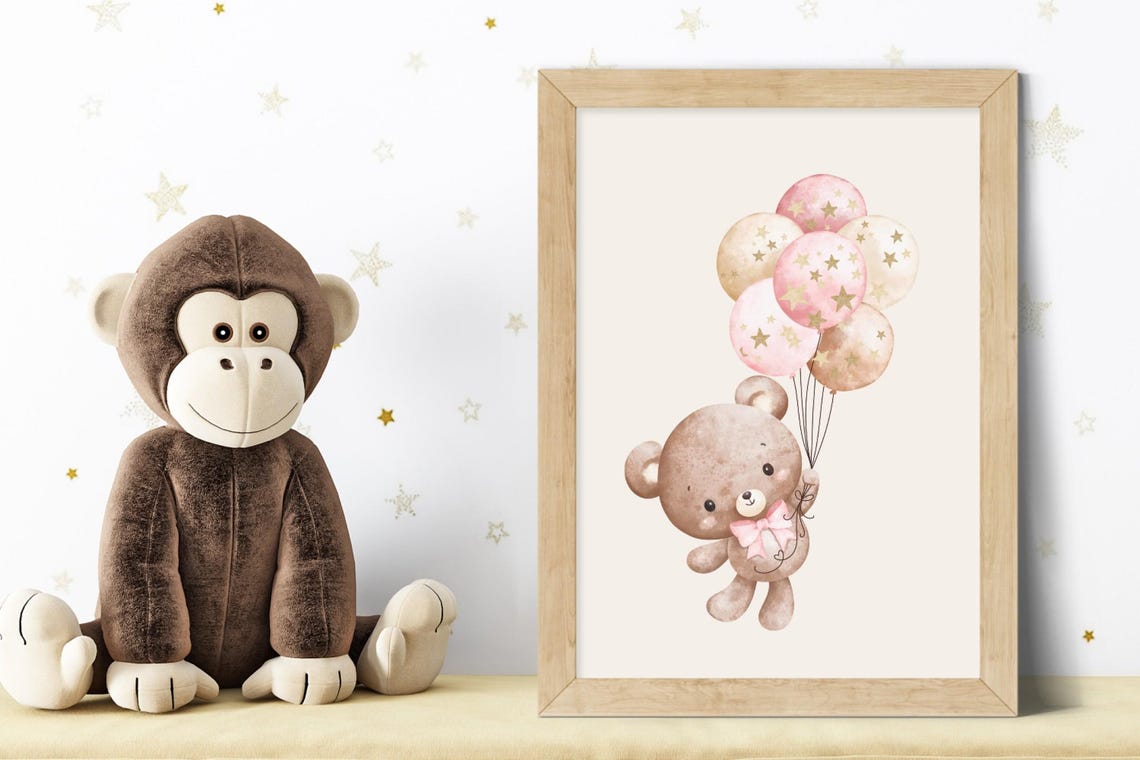 Cute Teddy Bear Watercolor Star Balloons Nursery Baby Room Poster - Image 2