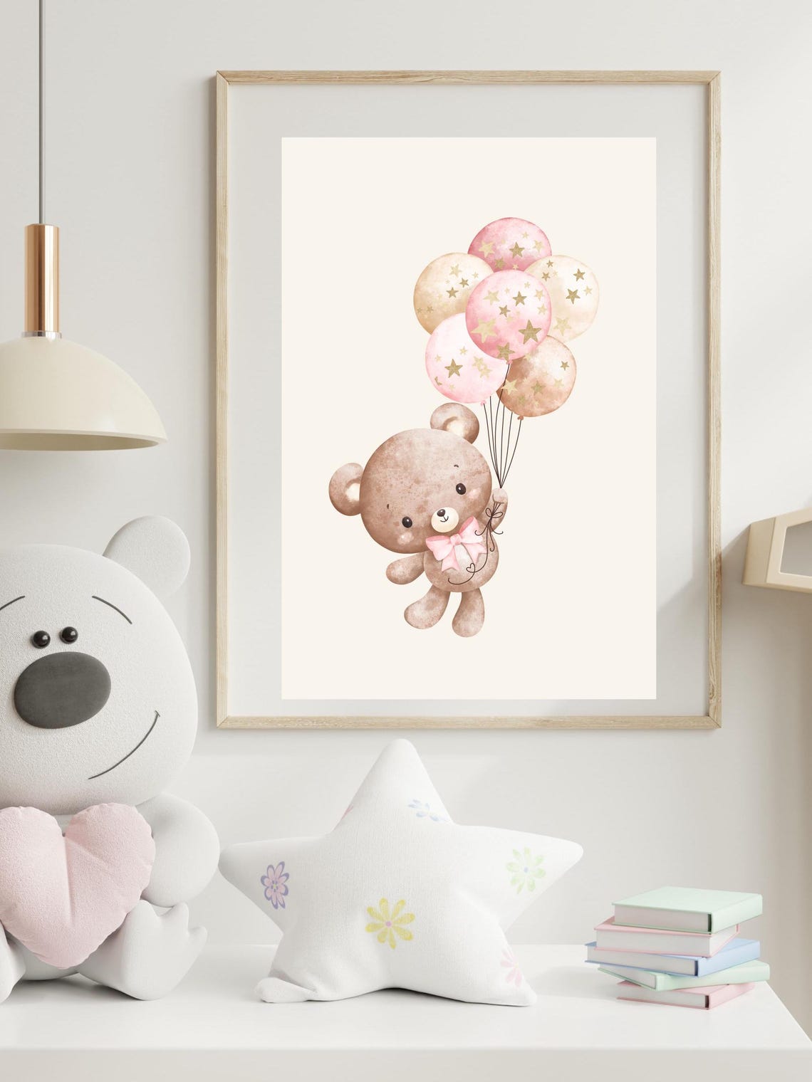 Cute Teddy Bear Watercolor Star Balloons Nursery Baby Room Poster - Image 3
