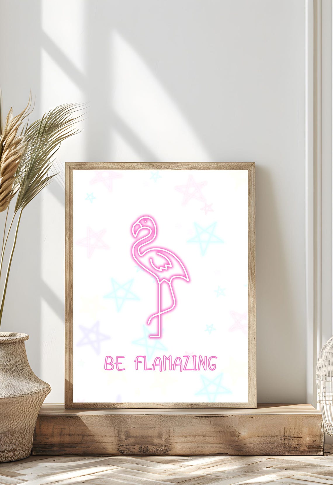 Neon Pink Flamingo Be Flamazing Quote Pastel Stars Wall Art Poster