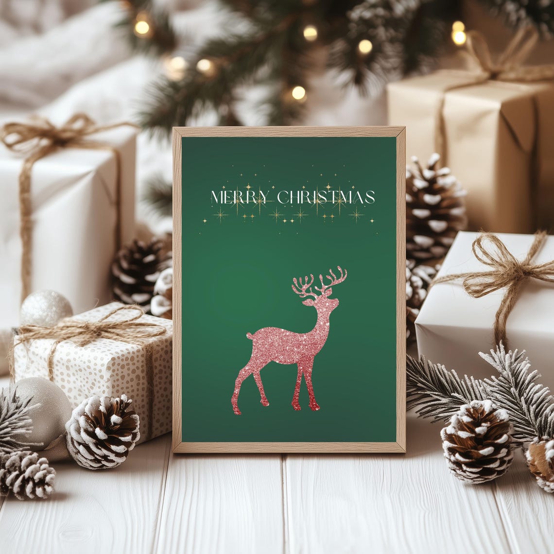 Merry Christmas Green Pink Glitter Reindeer Festive Holiday Poster - Image 3