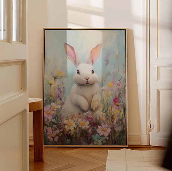 Graceful White Bunny in a Pastel Wildflower Garden Art Poster