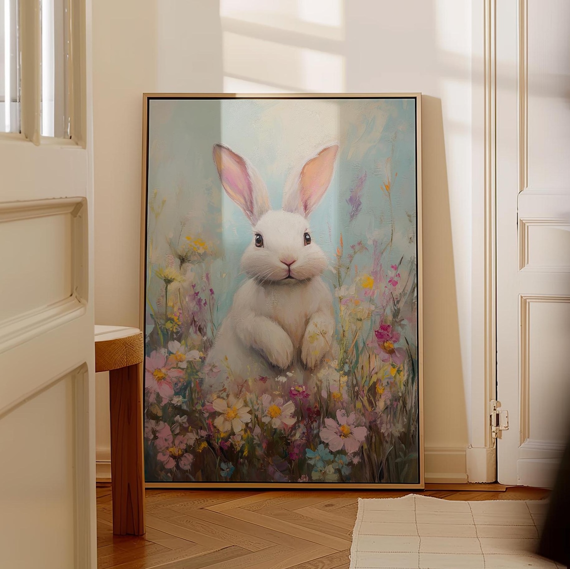 Graceful White Bunny in a Pastel Wildflower Garden Art Poster