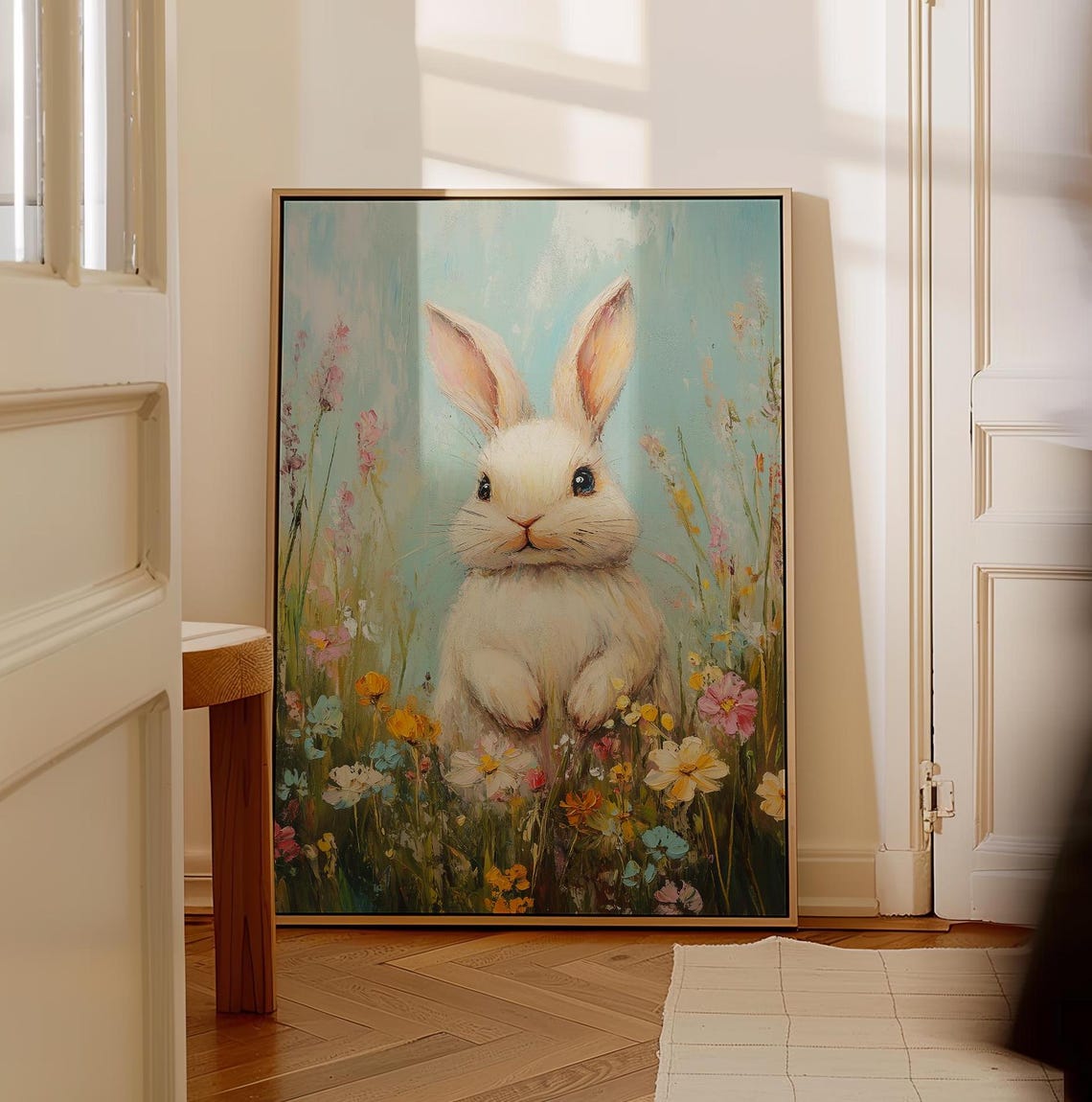 Charming White Bunny in a Colorful Wildflower Field Art Poster - Image 4