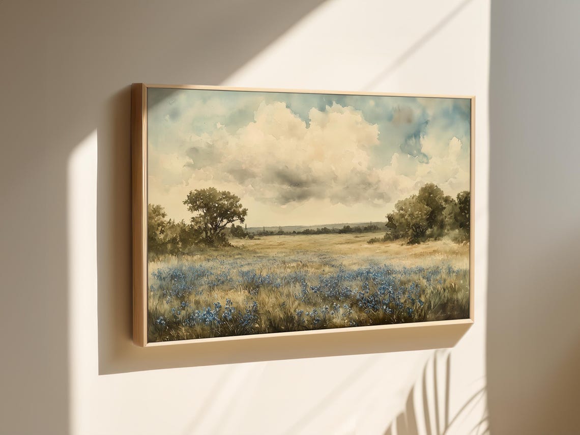 Serene Watercolor Bluebonnet Prairie Meadow Landscape Art Poster - Image 2