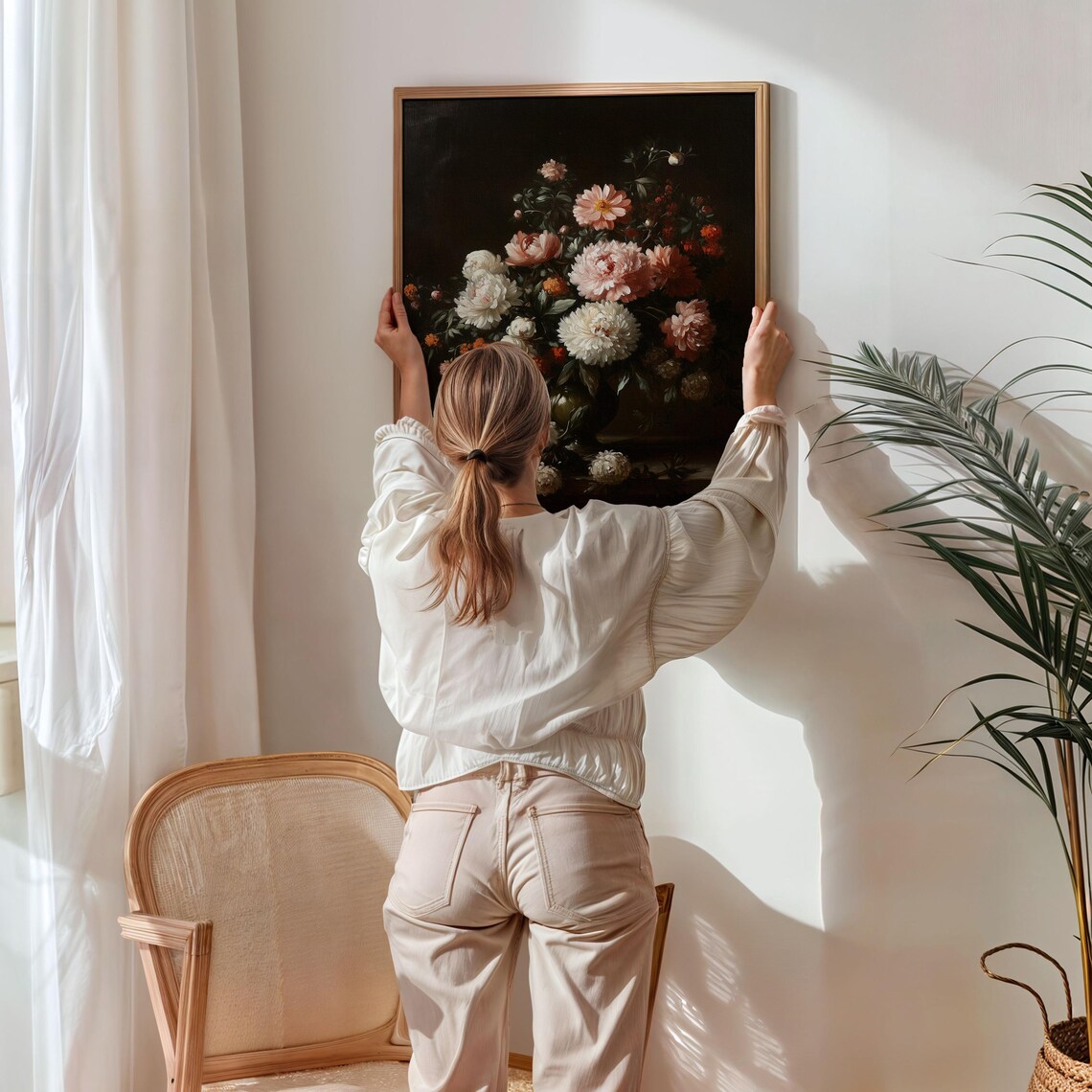 Dark Still Life of White Peonies and Blossoms Vintage Floral Wall Art - Image 5