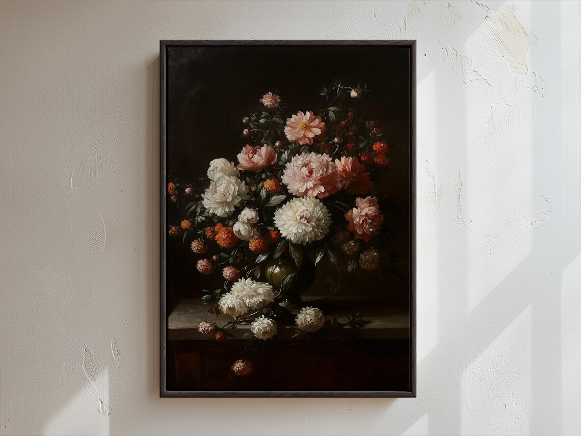 Dark Still Life of White Peonies and Blossoms Vintage Floral Wall Art