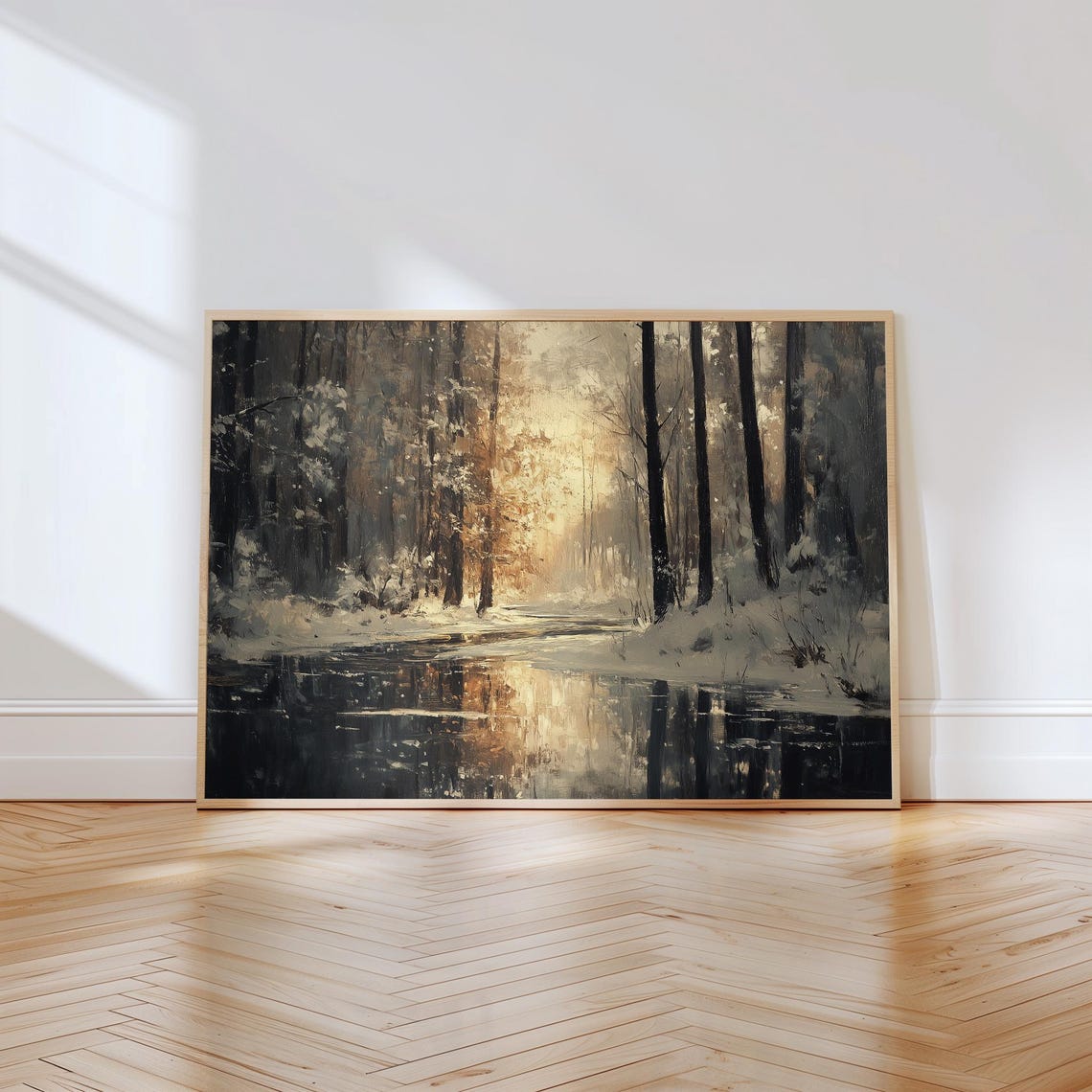 Winter Forest Reflected in Still Water With Golden Light Poster - Image 3
