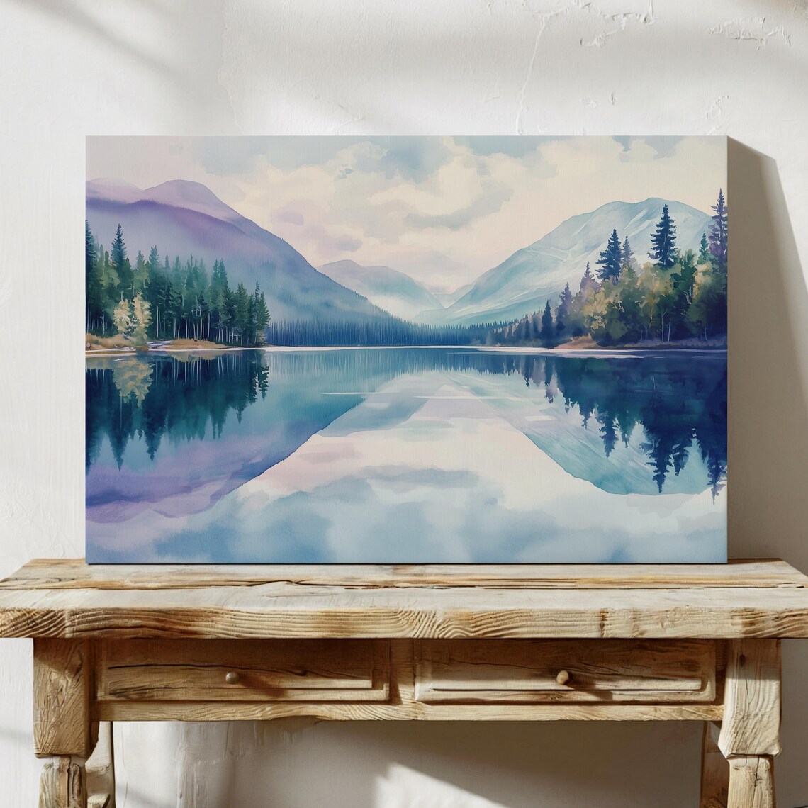 Still Mirror Lake With Mountains in Watercolor Painting Poster - Image 4