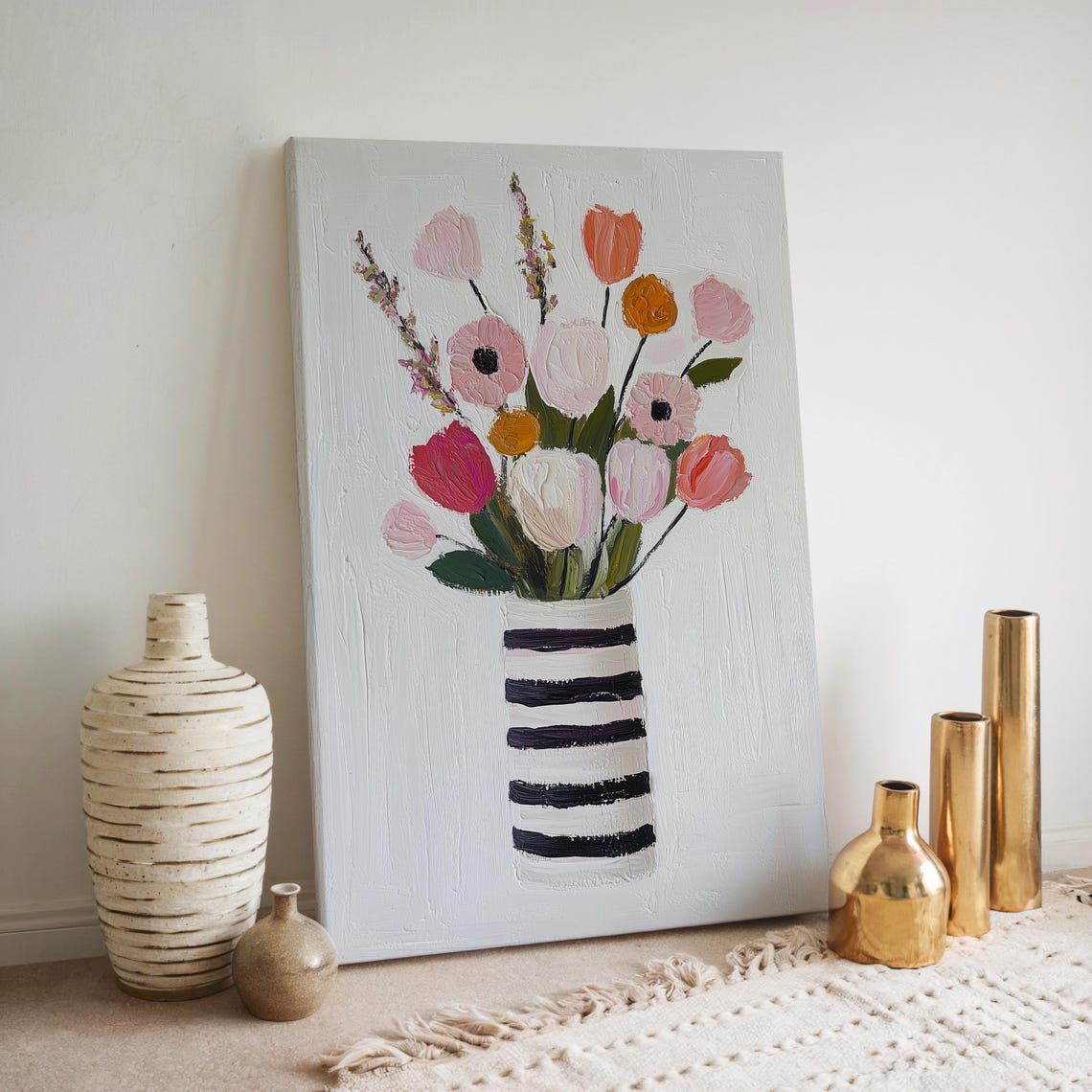 Cheerful Wildflower Bouquet Striped Vase Modern Floral Wall Art - Image 3