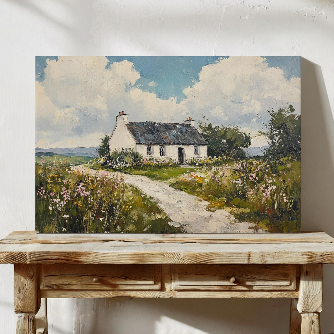White Country Cottage With a Flower Lined Garden Path Poster