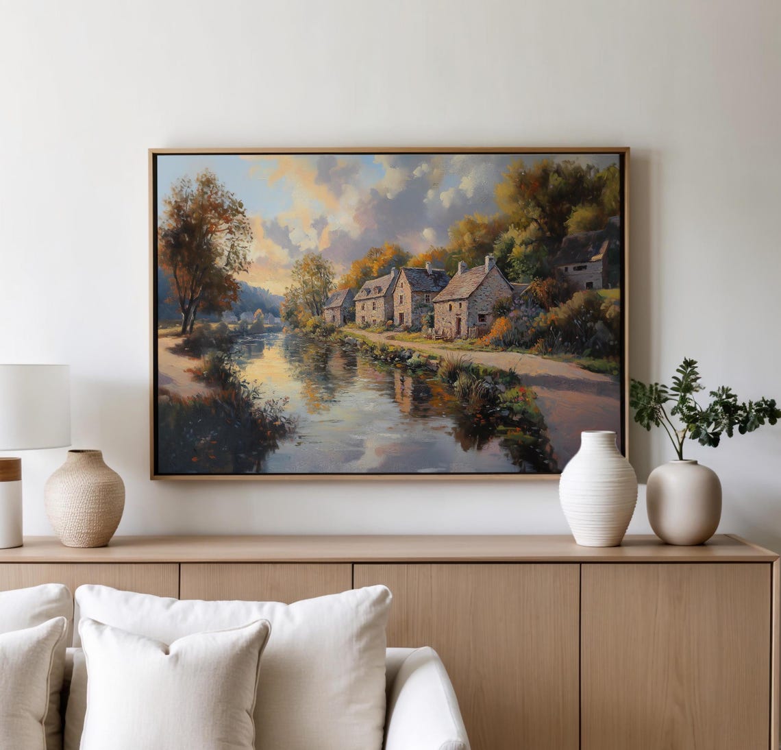Stone Cottages Beside an Autumn River in Golden Light Poster