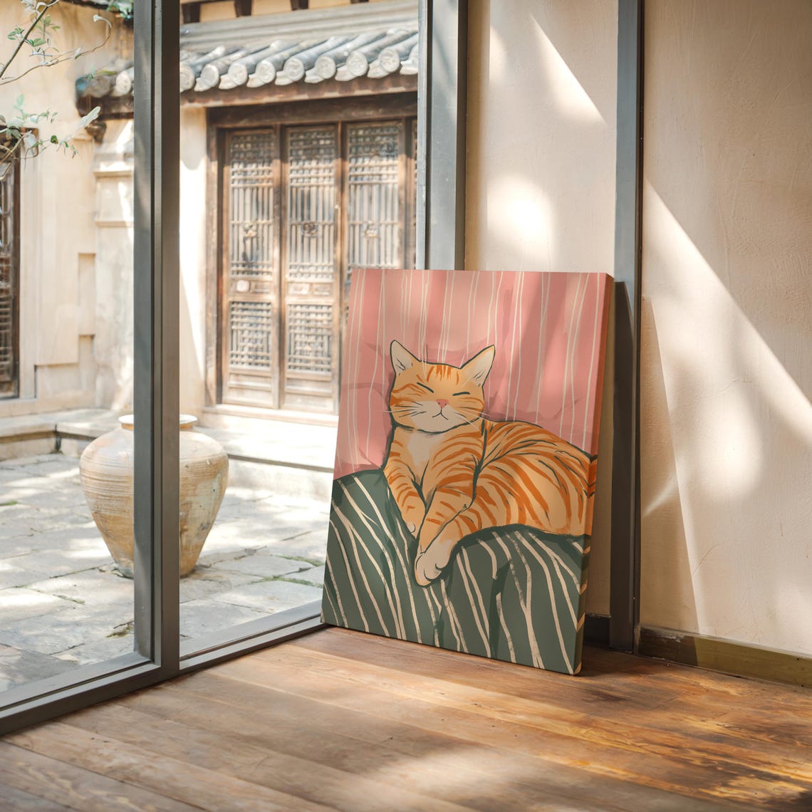 Sleepy Orange Tabby Cat Napping on a Cozy Striped Bed Poster - Image 2