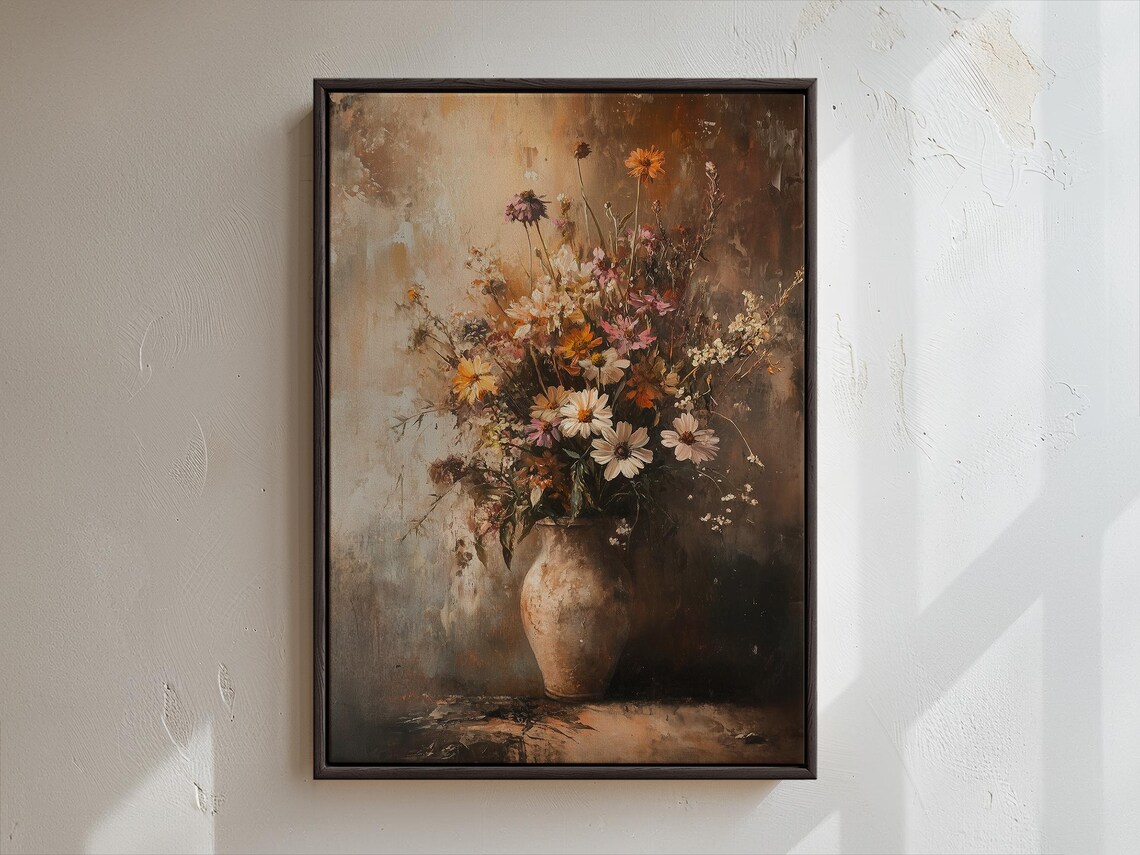 Moody Wildflower Bouquet in a Rustic Vase Still Life Scene Poster - Image 3